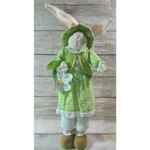 Papyrus Tall Standing Easter Spring Bunny Doll Figure Decor Green Hat Vest Dress